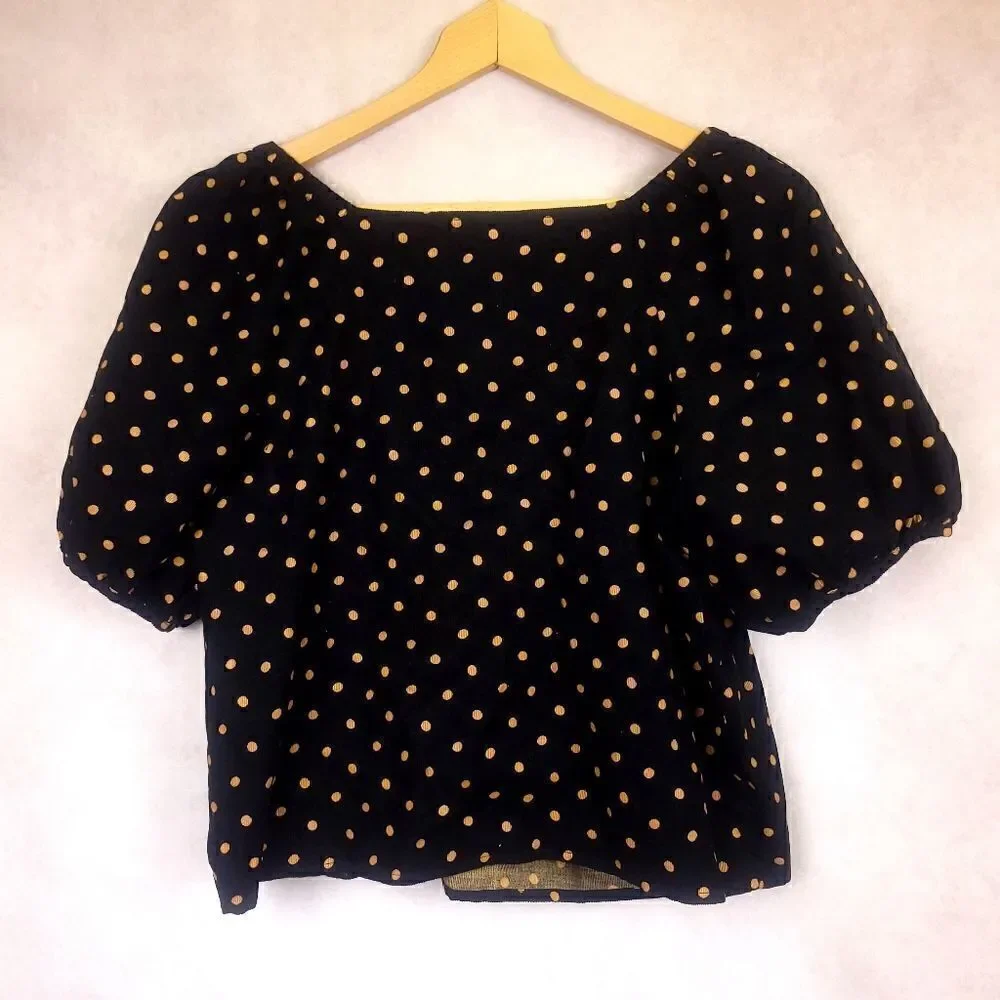 Madewell Corduroy Black Yellow Polka Dot Wrap Top with Puff Sleeve Med